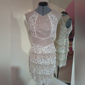 BCBGMaxAzria Beige Lace Tiered Peplum Mini Dress